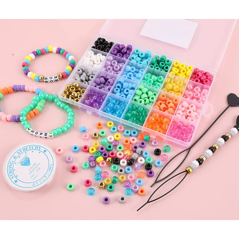 MAKERSLAND 3277+pcs Pony Beads Kit 24 Color Rainbow Plastic Pony Beads  Heart Beads Elastic String Kandi Beads Hair Beads for Braids Cute Charm DIY