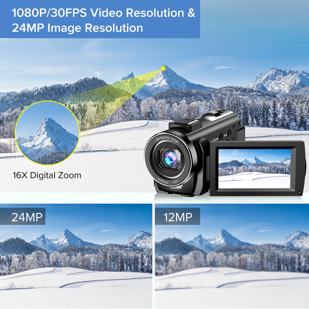 Video Camera Camcorder YouTube Vlogging Camera FHD 1080P 30FPS 24MP 16X  Digital Zoom 3