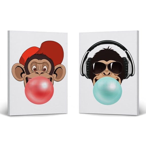 Smile Art Design Funny Monkeys DJ Animal Bubble Gum Art 2 PANEL CANVAS PRINT SET Red and Blue Chewing Gum Wall Art Home Decor Living Room Kids Room Made in USA 40x30