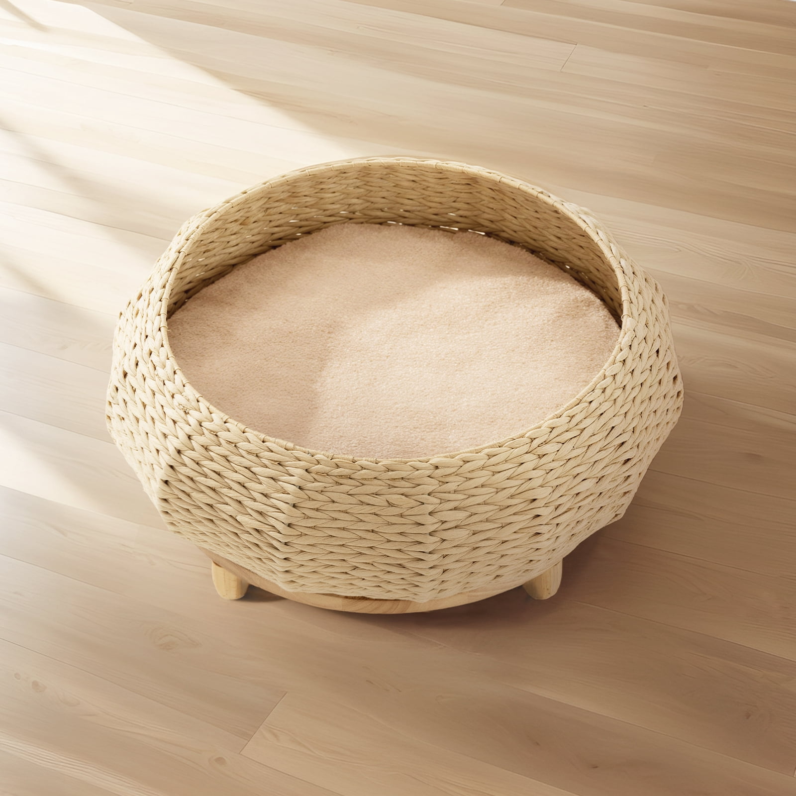 Happy & Polly Sleeping in The Bowl Handwoven Rattan Wood Cat Bed