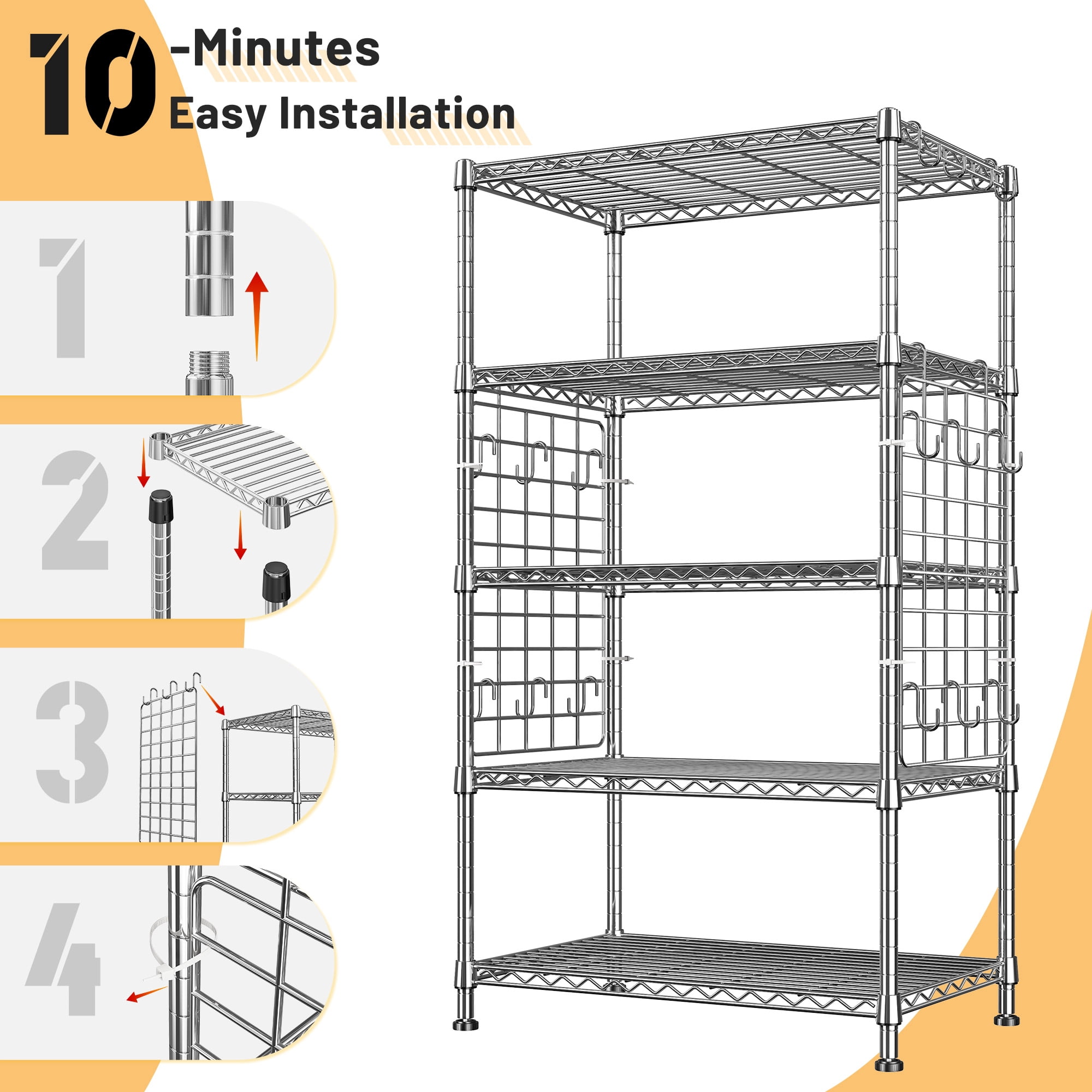 REIBII 5-Tier Adjustable Wire Shelving with Side Hanging Mesh & 12 Hooks,Space Saving Storage Rack for Kitchen Pantry,Office,Garage & Bathroom,Chrome