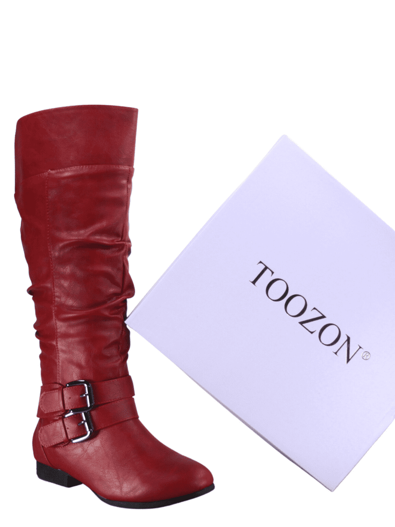 Toozon Women's Red Knee High Riding Boots, Faux Leather, Round Toe