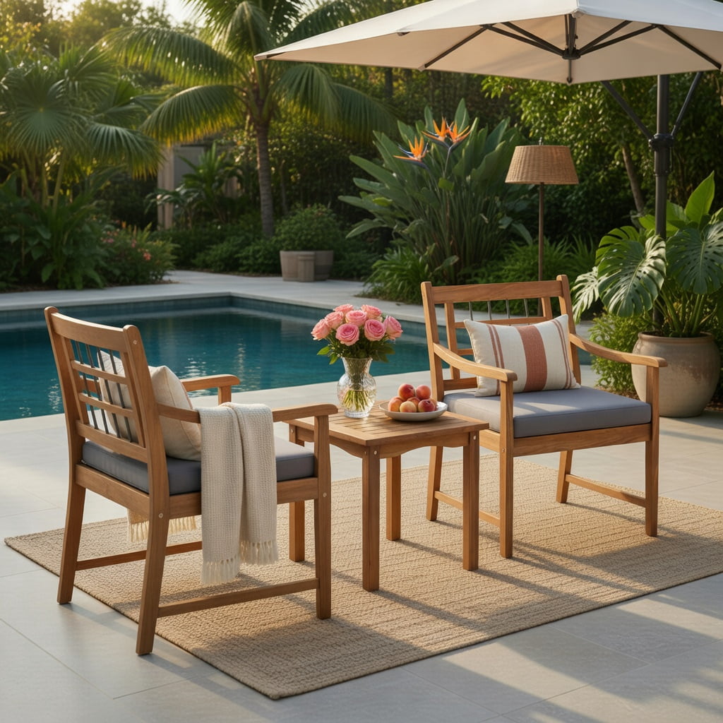 Hommoo 3-Piece Acacia Wood Patio Furniture Set, Cushioned Outdoor Chairs + Matching Coffee Table for Backyard, Poolside & Balcony, Gray