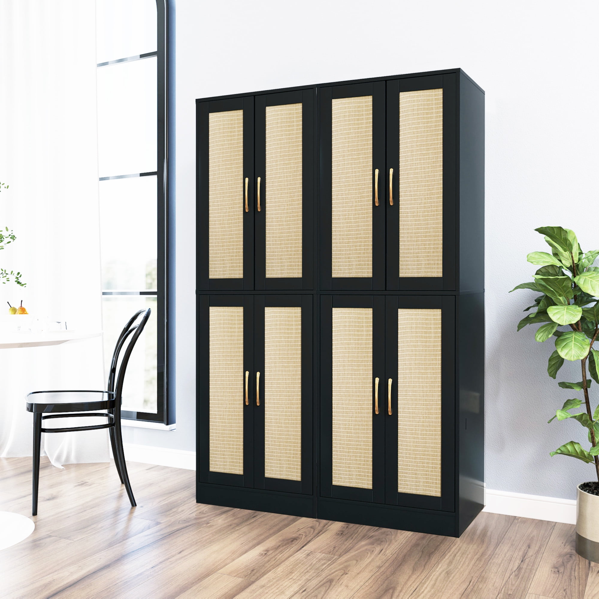 BOCVKENN Storage Cabinet - Kitchen Pantry Cabinet, Tall Pantry Storage Cabinet Freestanding with 4 Rattan Doors and Adjustable Shelves, Cupboard Cabinet for Dining Living Room, Laundry, Bathroom