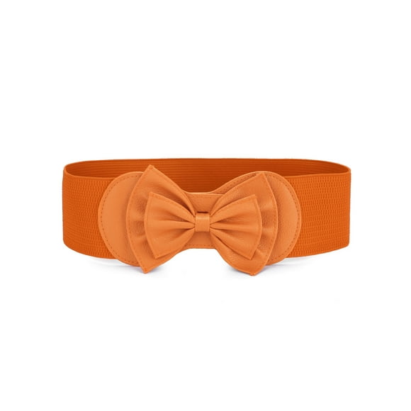 Unique Bargains Women's Bowtie Ornament Press Stud Button Cinch Elastic Waist Belt Orange one size