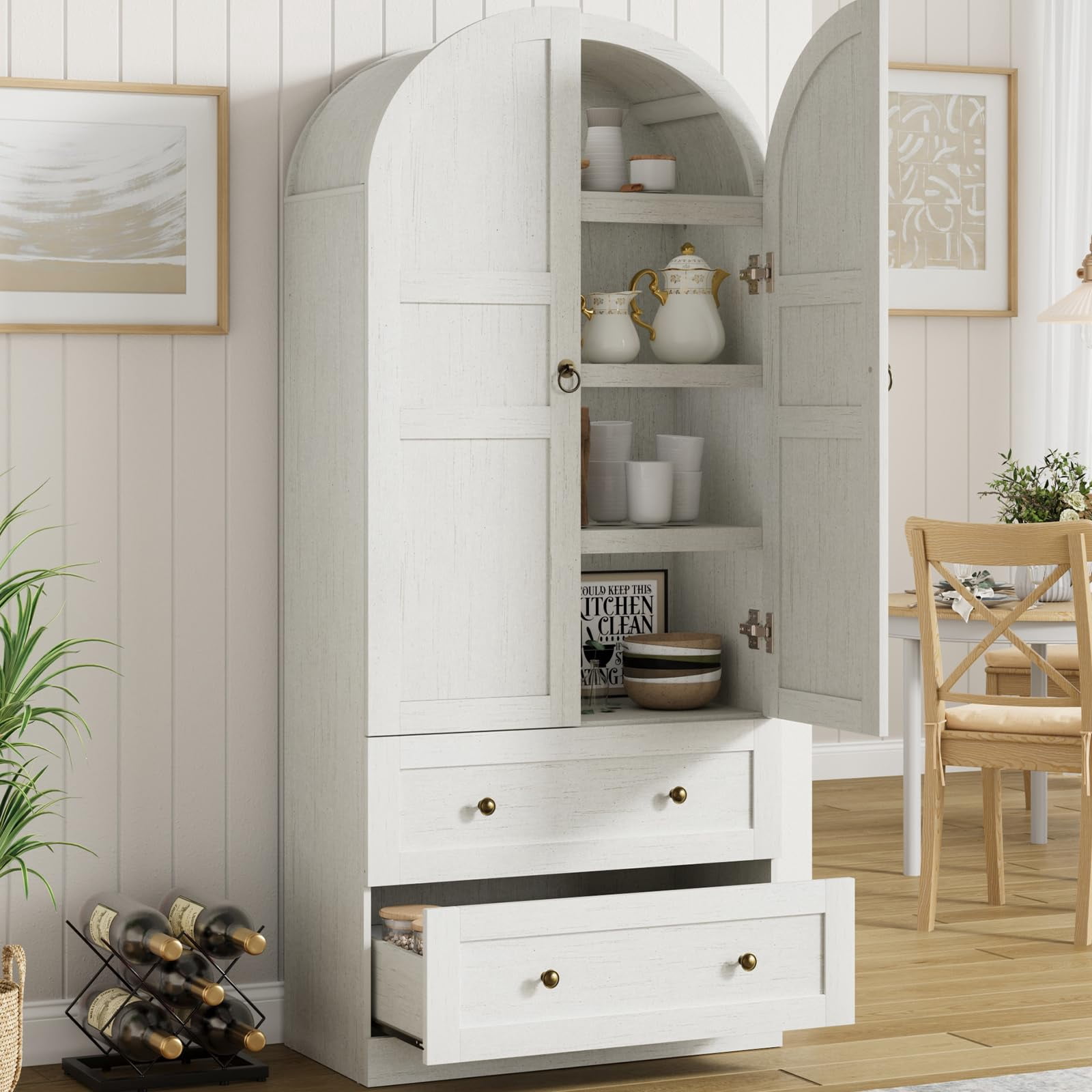 COZONY 72" Tall Arched Kitchen Pantry Cabinet, Farmhouse Wooden Storage with 2 Drawers & Wood Doors, Freestanding Buffet for Dining & Living ,Antique White