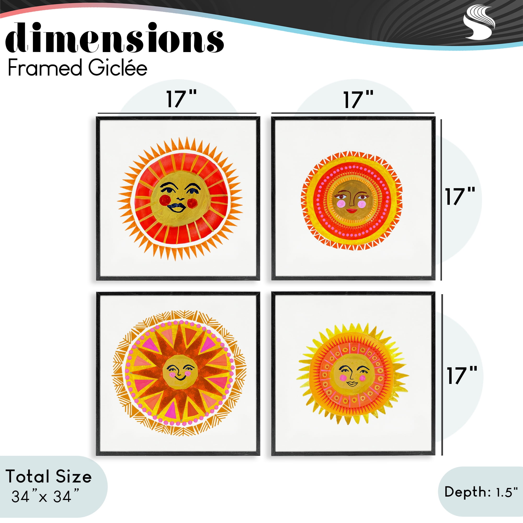 Stupell Industries Warm Happy Suns 4 Piece Black Framed Giclee Art Set, design by Katherine Herrell Studio