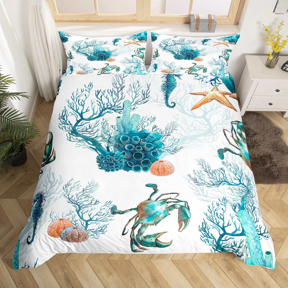 YST Ocean Bed Set Sea Marine Duvet Cover, Watercolor Animal Bedding Set