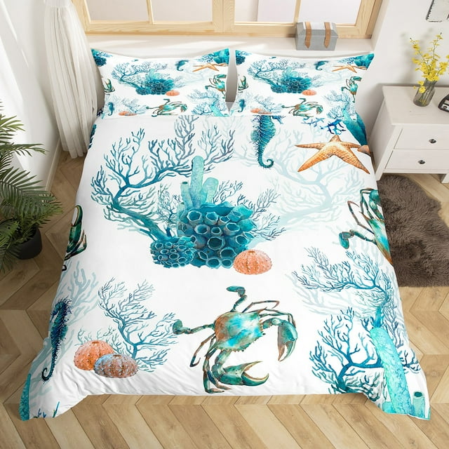 YST Ocean Bed Set Sea Marine Duvet Cover, Watercolor Animal Bedding Set King Sea Horse Crab