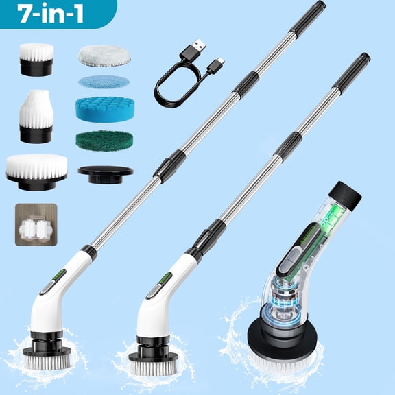 FVLOENG Cleaning Brush Electric Spin Scrubber, Cordless Shower Scrubber with 7 Replaceable Brush Heads, Adjustable Extension Handle , 2 Speeds for Bathroom Power Shower, Tub, Tile, Floor