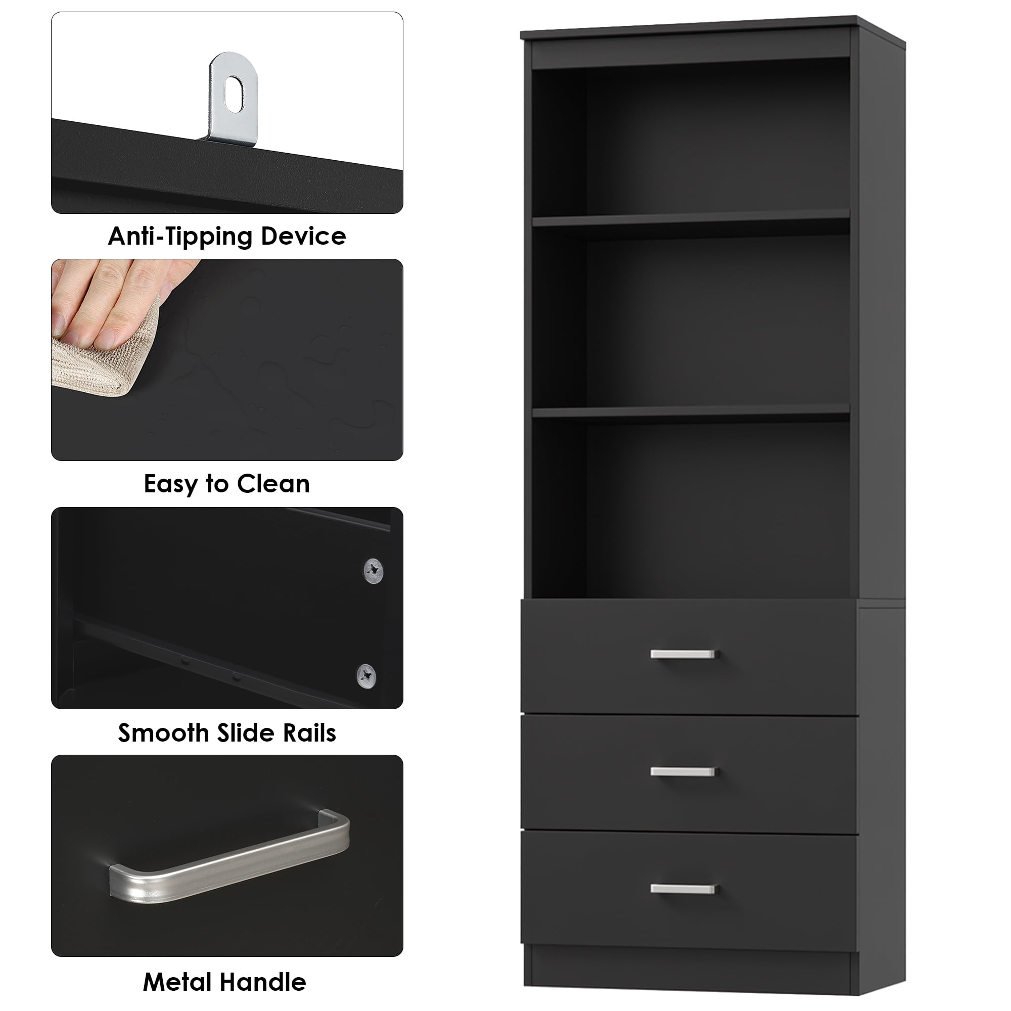 Homfa 2 Set of Black Bookcases with 3 Drawers, 71"H 3 Tier Wooden Storage Bookshelf for Living Room Home Office