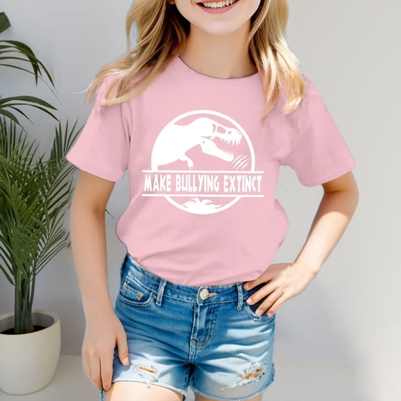 FAOWME Kids Girls Boys T Shirt Graphic Letter Print Short Sleeve Round Neck Comfortable Breathable Top For Daily Wear And Play,Light Pink,3-4 Years