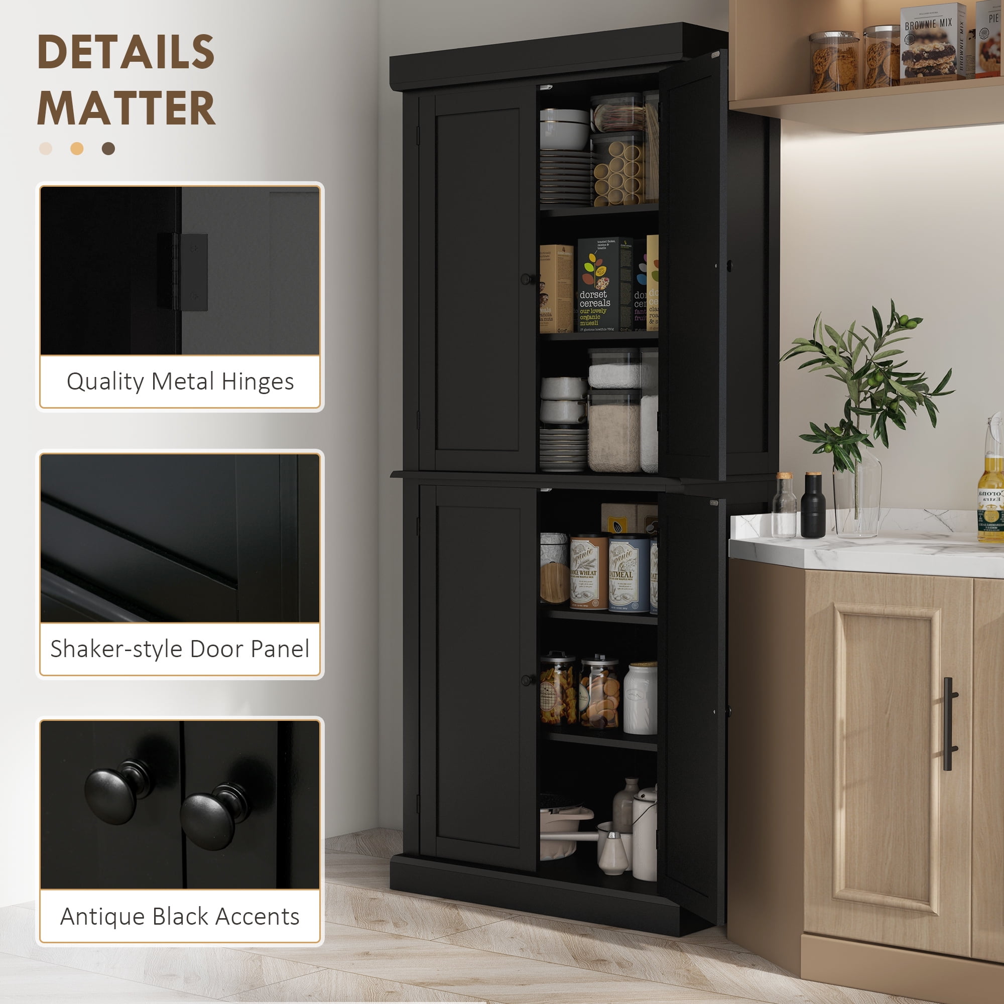 HOMCOM 72" Traditional Freestanding Kitchen Pantry Cupboard with 2 Cabinet, and Adjustable Shelves, Black