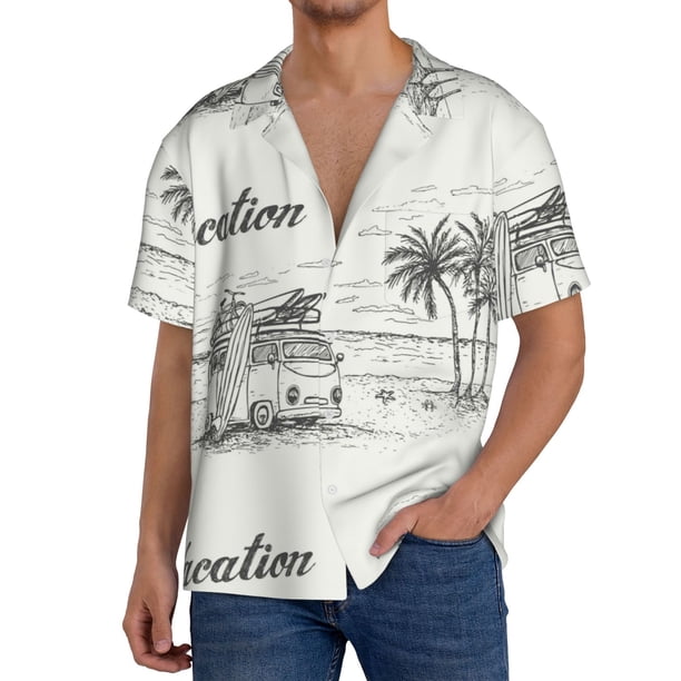 Balery Summer Vacation Scene With Camping Van Camisa Casual de Manga Corta con Botones para Hombre, Texturizada, Estilo Cubano, para Playa, Verano-Small