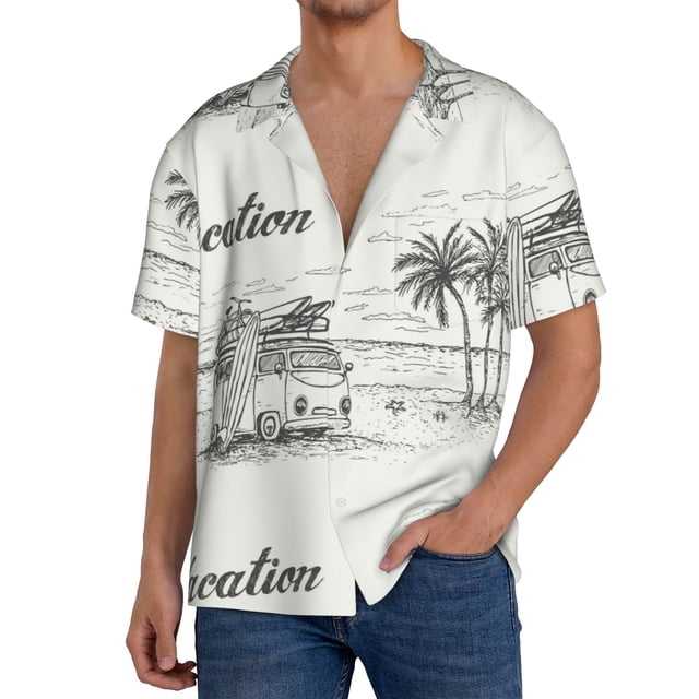 Fotbe Summer Vacation Scene With Camping Van Camisa Estampada de Manga Corta para Hombre, Casual de Verano, Estilo Playero, Sin Arrugas-Large