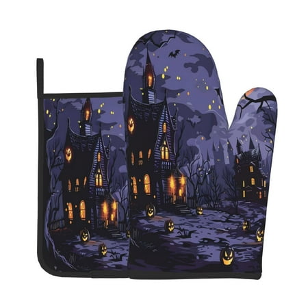 

Lukts Mystery House Halloween Night Print Kitchen Heat-Resistant Gloves and Spacers 2pcs Set Suitable for Baking and Cooking