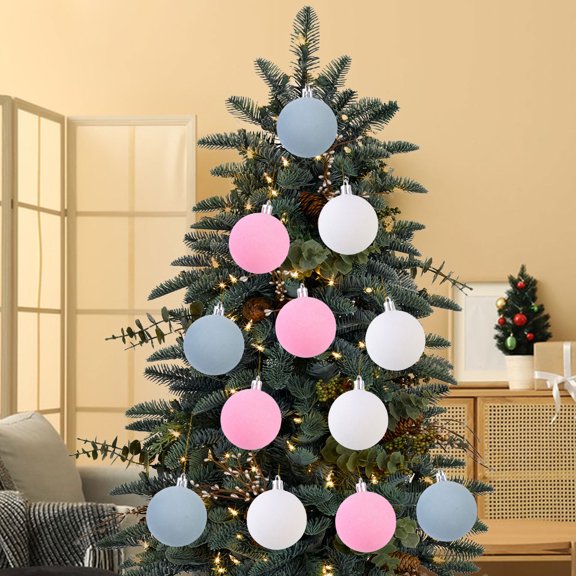 Christmas Ornament Balls Colorful Flocked Christmas Tree Decorations Plastic Hanging Baubles DIY Boxed Holiday Ornaments 2.36 Inch 12PC for Home Office Shopping Mall Festive Decor