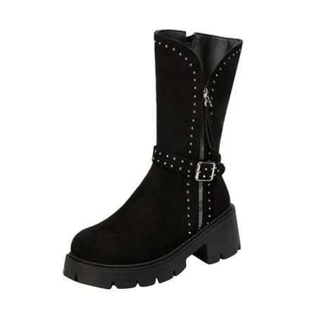 

ASEIDFNSA Womens High Heel Shoes Womens Calf High Boots Low Heel Medium Heel Thick Soled Cavalry Fashion Boots Knee Length Women Boots Side Zipper Rivets High Fashion Boots Plush