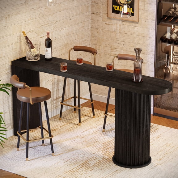 Finmind 63-inch Bar Table, Long Counter Height Pub Table with Fluted Cylindrical Base, Modern High Top Kitchen Bar for Dining Room, Living Room, Black