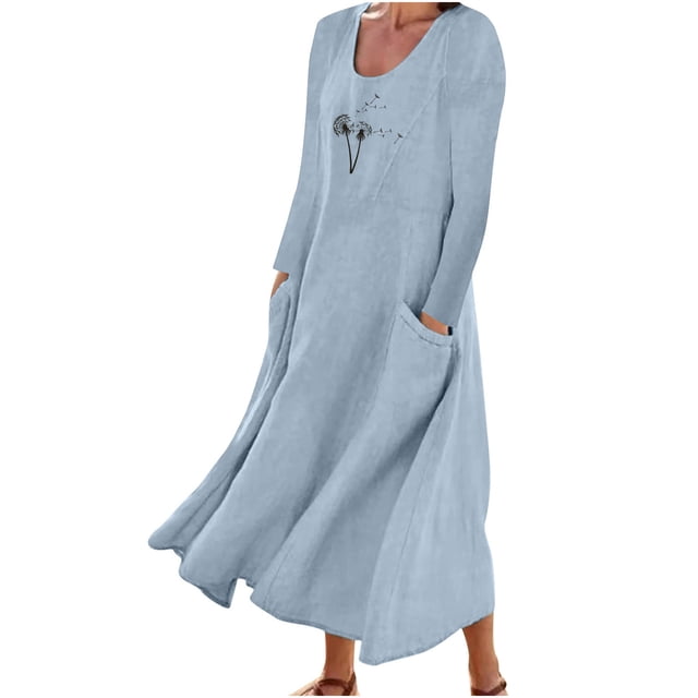 Pisexur Robe d'Automne pour Femme 2023 Robe en Coton et Lin à Manches Longues, Ligne A et Évasée, Maxi Longue