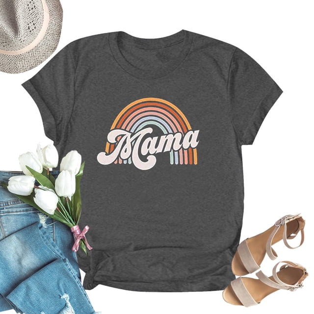 Pompotops Mode Femme Fête des Mères Lettre Arc-en-Ciel Imprimé Col Rond Manches Courtes Blouse Haut