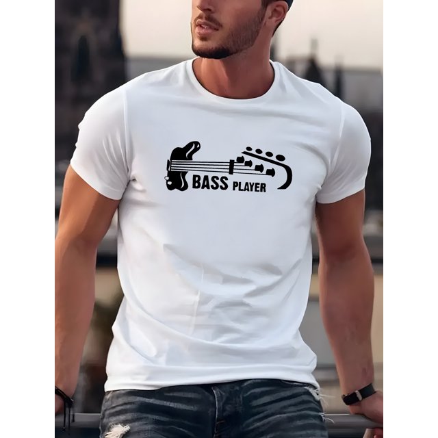 Bass Player Graphic T-Shirt for Men - Casual Cotton Knit Fabric, Short Sleeve, Regular Fit, Round Neck, Alphabet Pattern, Adult Unisex Summer Top