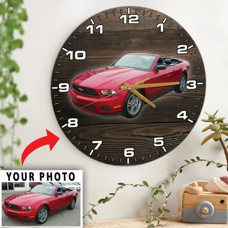 Personalized Photo Muscle Car Mustang Wooden Wall Clock, custom photo mustang wooden clock