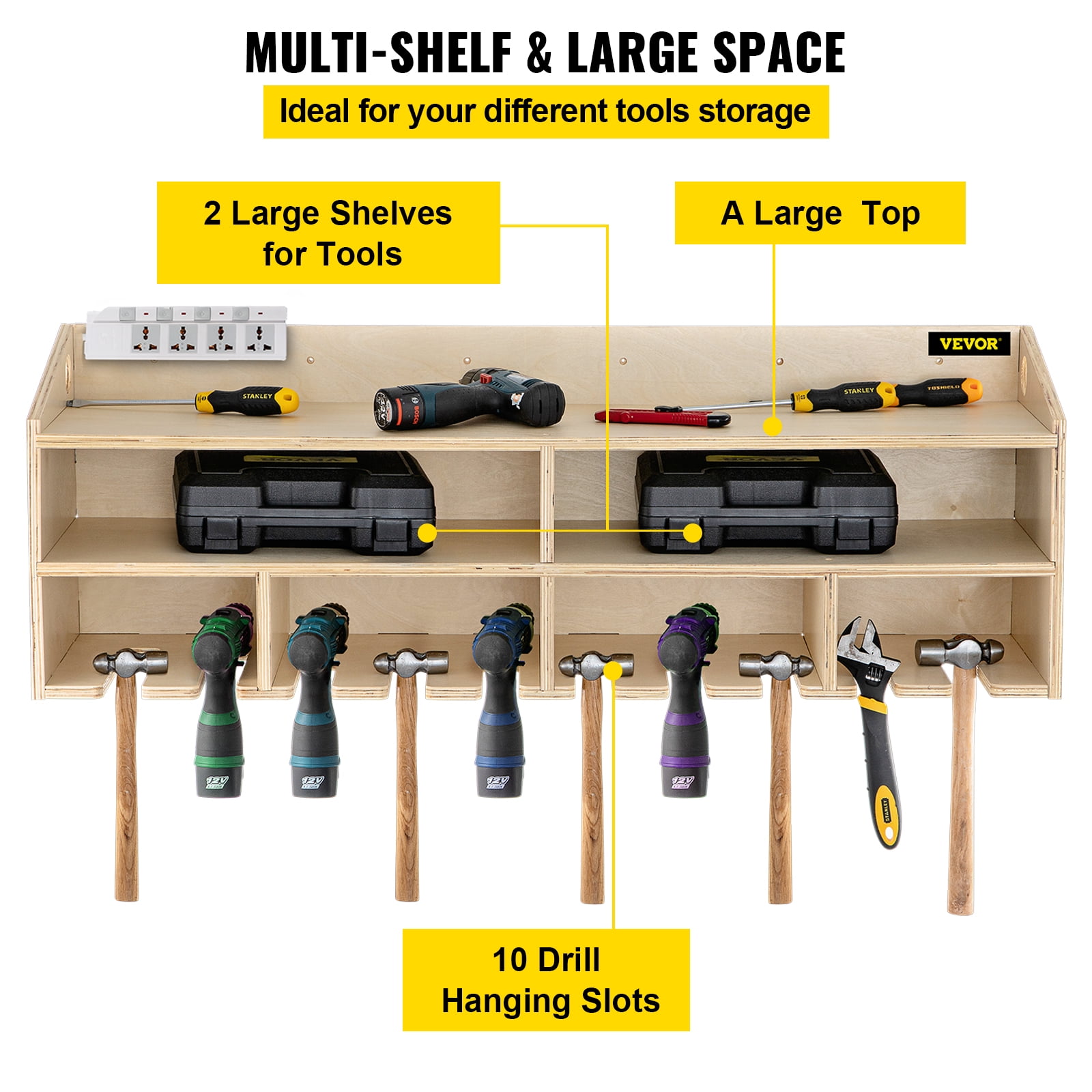 VEVOR Power Tool Organizer, 4 Slot, 3 Layers, Cordless Drill Holder Wall Mount, Battery Charging Station Storage Rack, Multi-function Garage