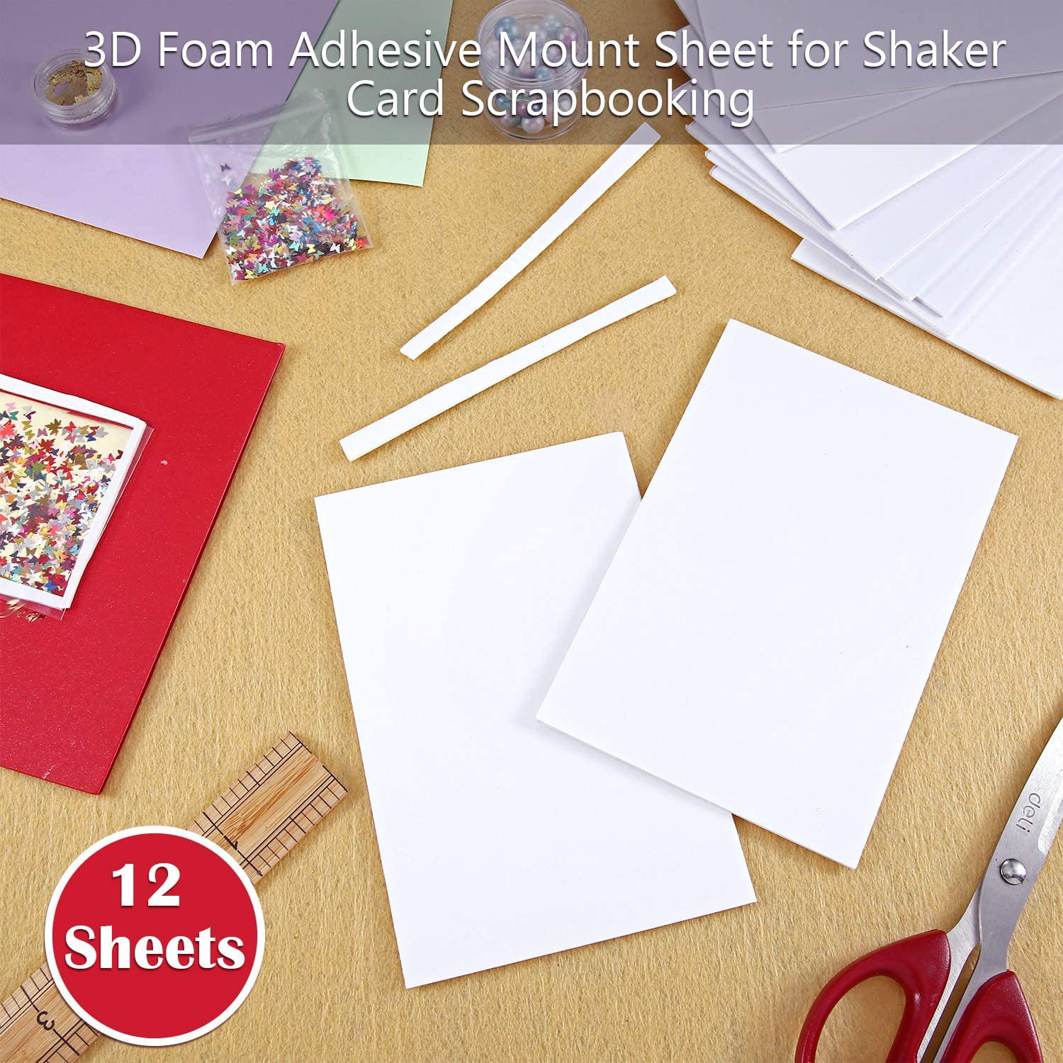 12 Sheets Sticky Foam Sheets Double Sided Adhesive Foam Sheets 3D White Dual-Adhesive Foam Sheets for Shaker Cards Scrapbooking Crafting 7.9 x 5.9 Inch 