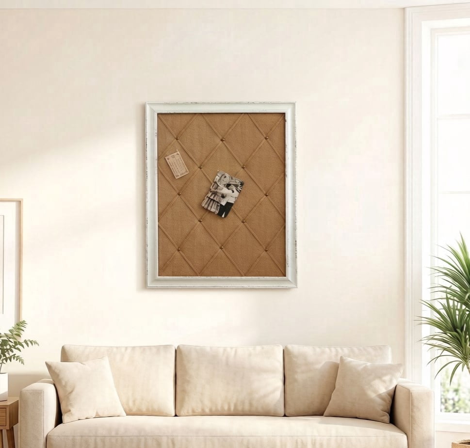 SOFE Bulletin Board 21"x27", Antique White Linen Fabric Pin Board with Frame, Large Burlap Cork Message Board for Wall Decor, Vision Board & Memo Board