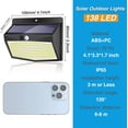 thumbnail image 5 of [Juego de 1] Lámpara solar para exteriores, luz solar para exteriores de 138 LED con sensor de movimiento impermeable, 3 modos de iluminación solar para exteriores, punto LED inalámbrico para jardín,, 5 of 5