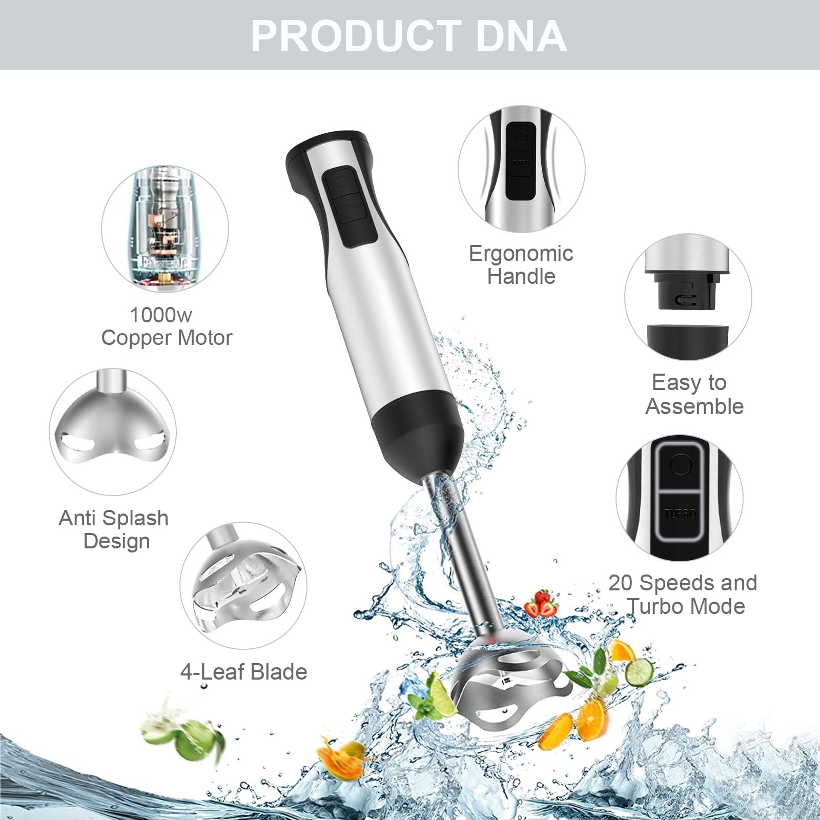 Immersion Blender, Vospeed 1000 Watt 4-in-1 Hand Blender with Chopper,  Whisk, 600ml Mixing Beaker, Electric Stick Blender with Two Speed  Adjustable