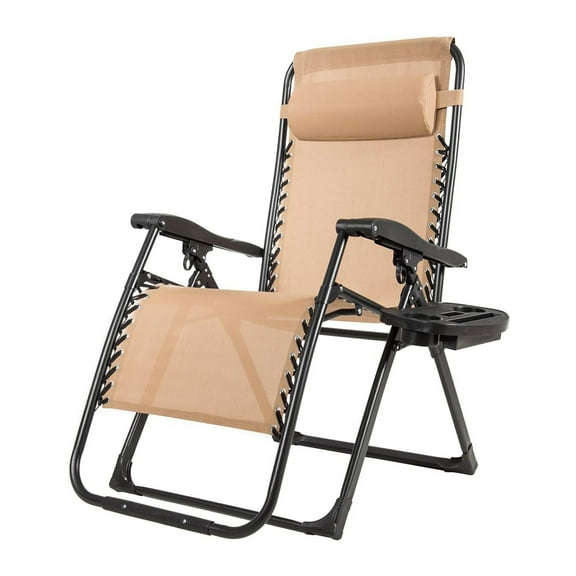 Zero Gravity Patio Chair, X-Large Outdoor Recliner with Adjustable Headrest and Dual Cup Holders, Heavy Duty Folding Lounge Chair for Deck Backyard (Beige)