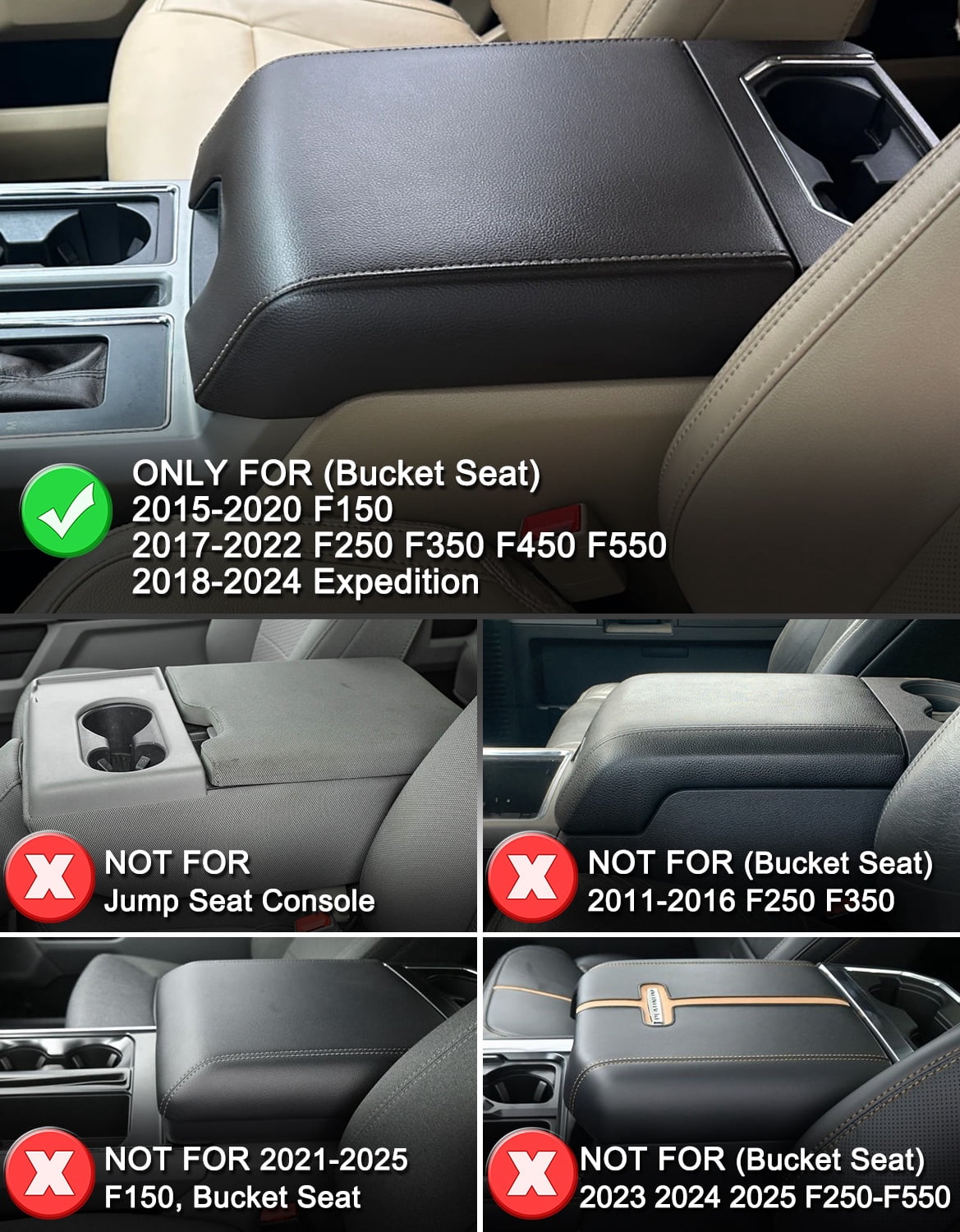KBH Center Console Cover for Ford F150 2015-2020, 2017-2022 F250 F350 F450, 2018-2024 Expedition Interior Accessories, Middle Console Lid Armrest Cover Protector, Washable Fabric Black