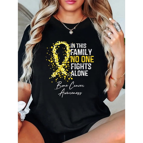 in This Family No One Fights Alone Bone Cancer Awareness T-Shirt casual short sleeve crew neck cotton tee tops for women