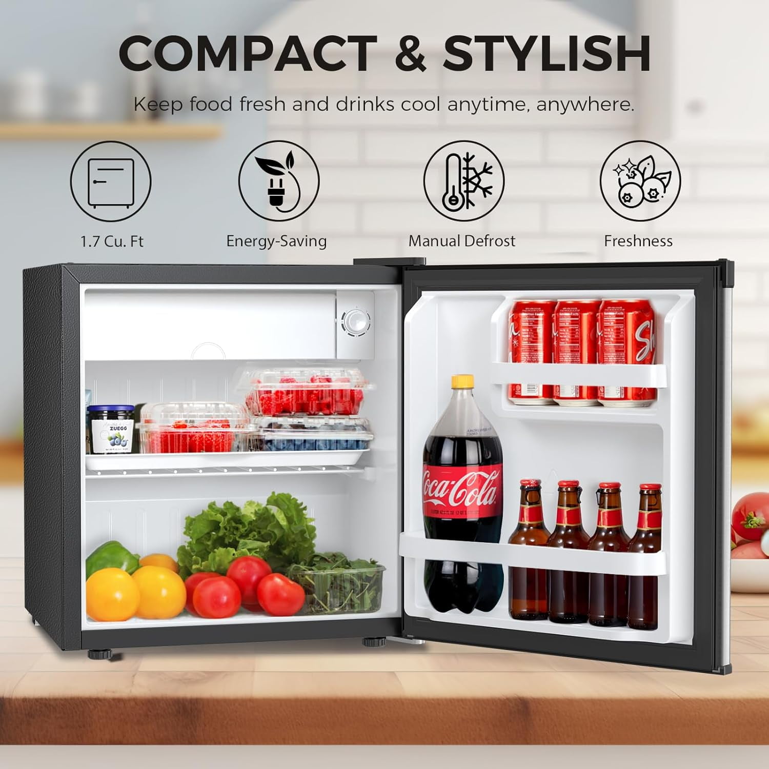 WAA 1.6 Cu.Ft Small Refrigerator with Freezer 7 Temp Settings,Energy-Efficient, Low Noise For Dorm,Office,Bar,RV,Bedroom