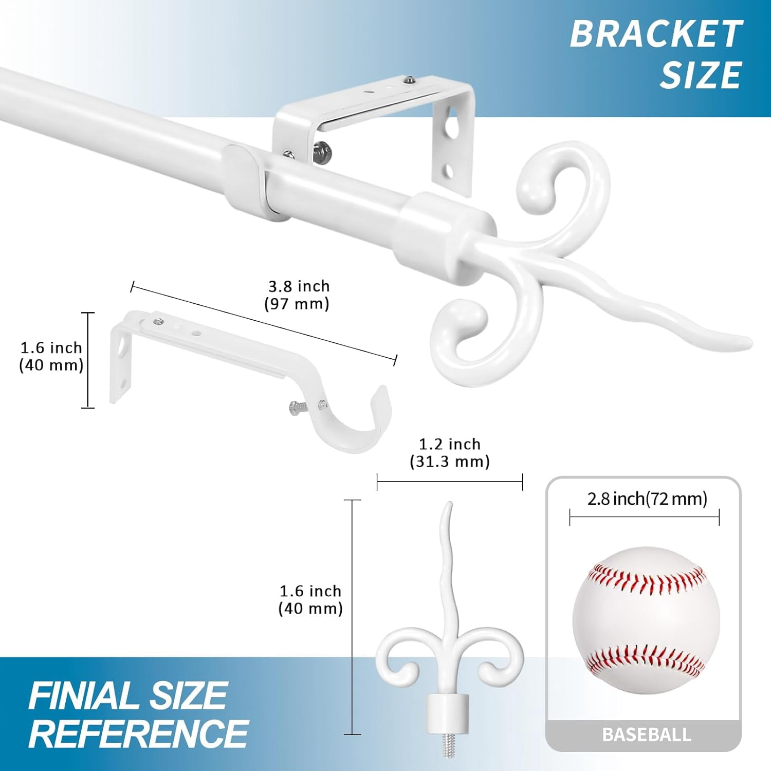 Urbanest Adjustable Single Curtain Rod Set With Flame Finials – 5/8-Inch Diameter, Glossy White, 48–84 Inches
