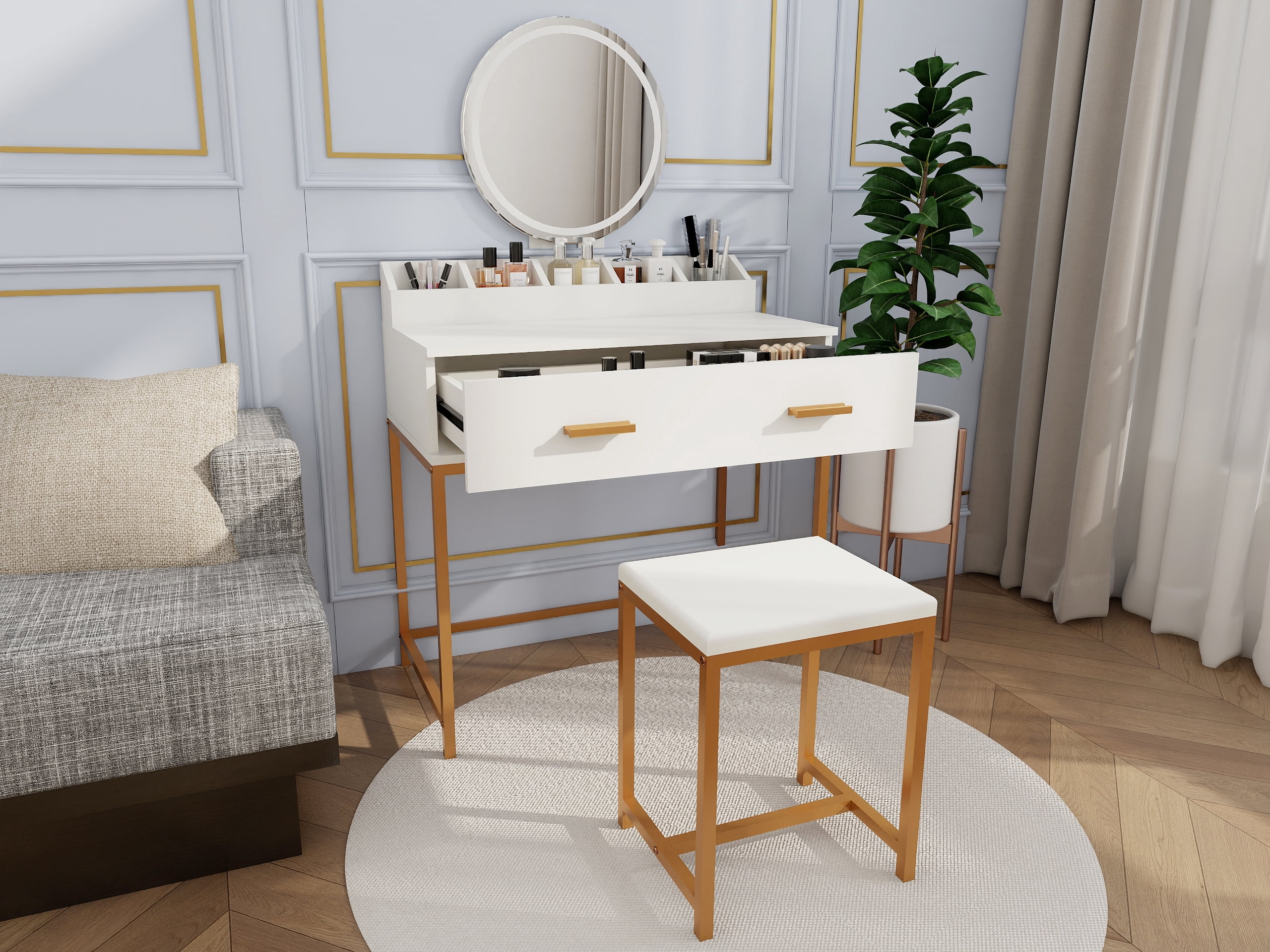 Makeup Vanity Set with Mirror, Stool and Storage Drawers, White and Gold Space-Saving Design for Small Bedrooms, 31.5"x18.5"x53.5"