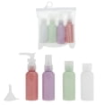 thumbnail image 1 of Botellas de viaje de 5 piezas para artículos de tocador, contenedores a prueba de fugas, juego de botellas de viaje recargables en rosa, púrpura, verde y blanco, 1 of 5