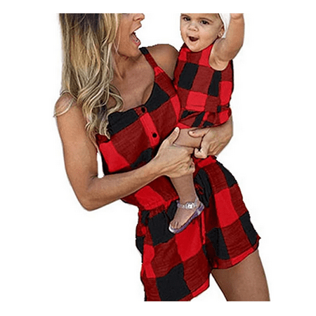 

Spring hue Parent-child Off-Shoulder Short Plaid Button Down Sleeveless Jumpsuit
