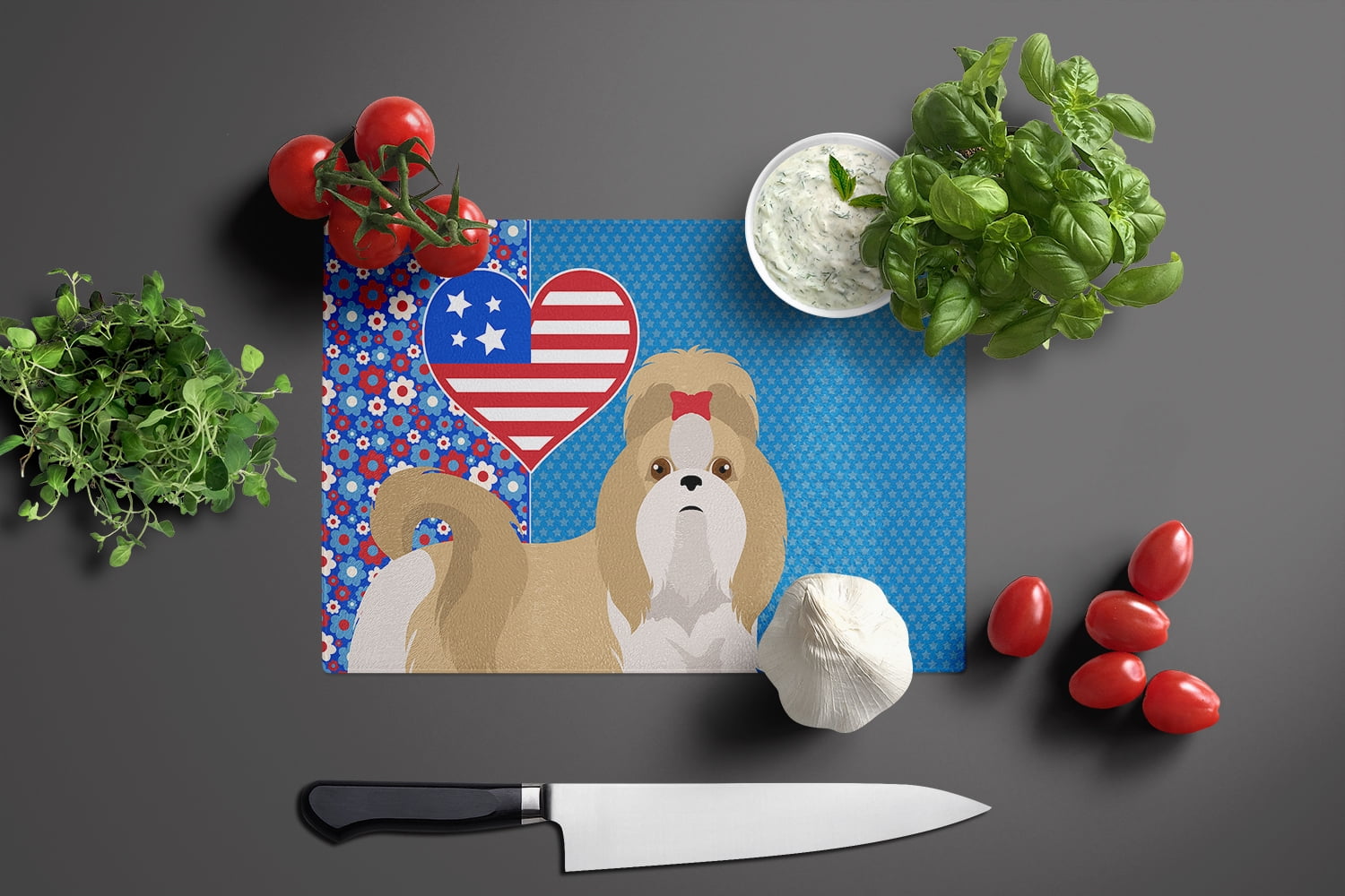 Gold and White Shih Tzu Glass Cutting Board Large 12 in x 15 in