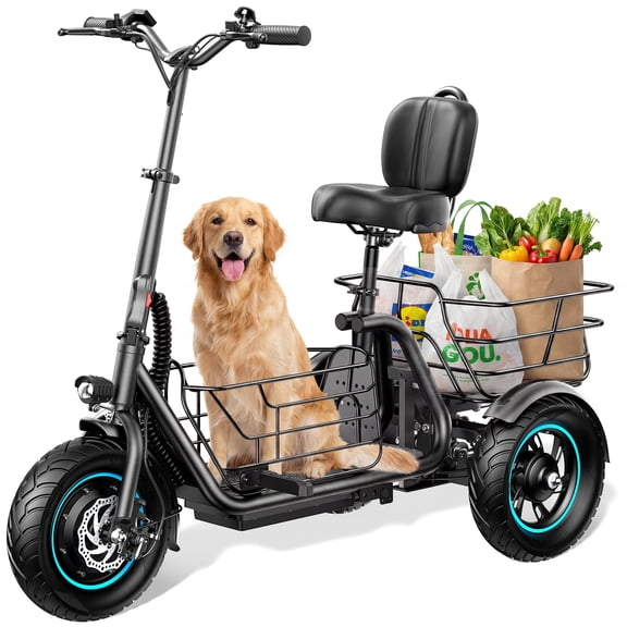 MIHOVER 3 Wheel Electric Tricycle for Adults & Seniors, 650W Motor, 12.2MPH 30Miles Long Range, Dual Baskets Cargo Trike, Rear Dual Shock Absorbers, 300 lb Load, UL2849 Certified