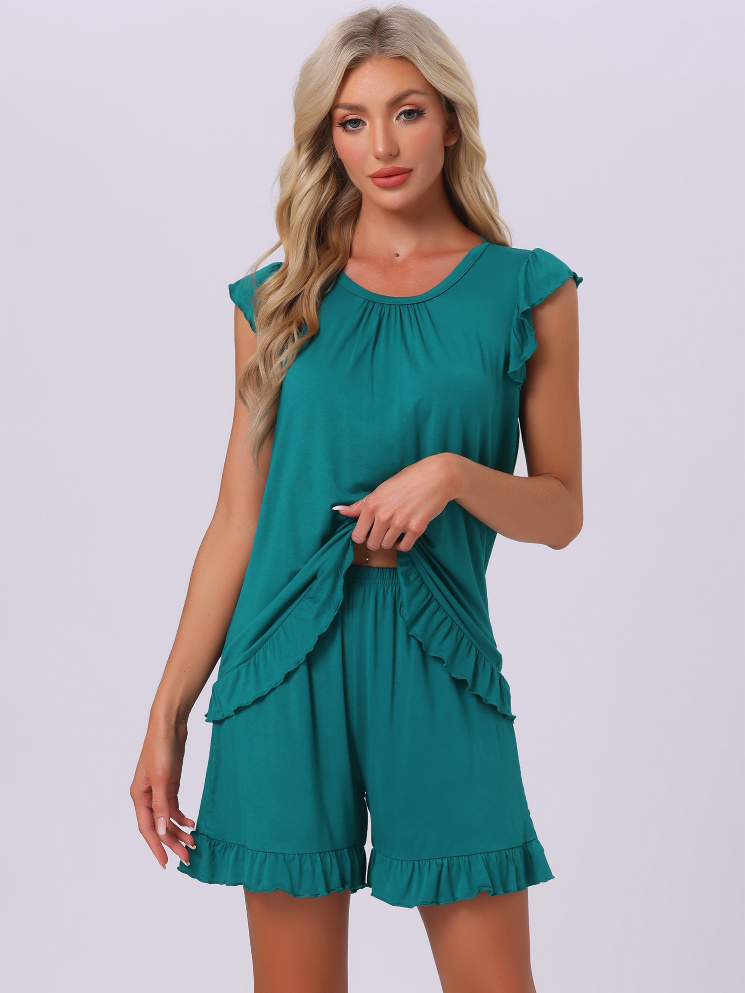 DARING DIVA Ruffle Trim Cap Sleeve Lounge Tops Shorts Pajama Sets 2XL Dark Green