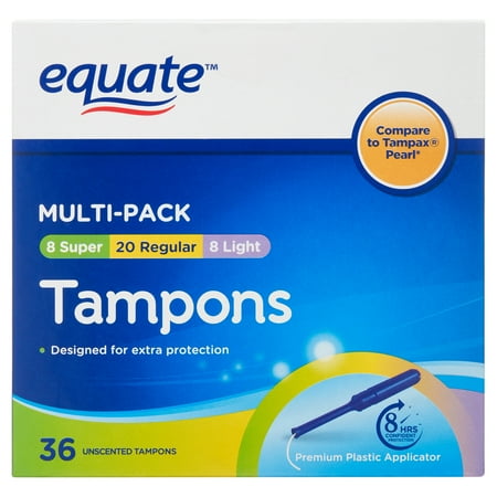 multi pack of 36 tampons, 8 light, 20 regular and 8 super absorbency