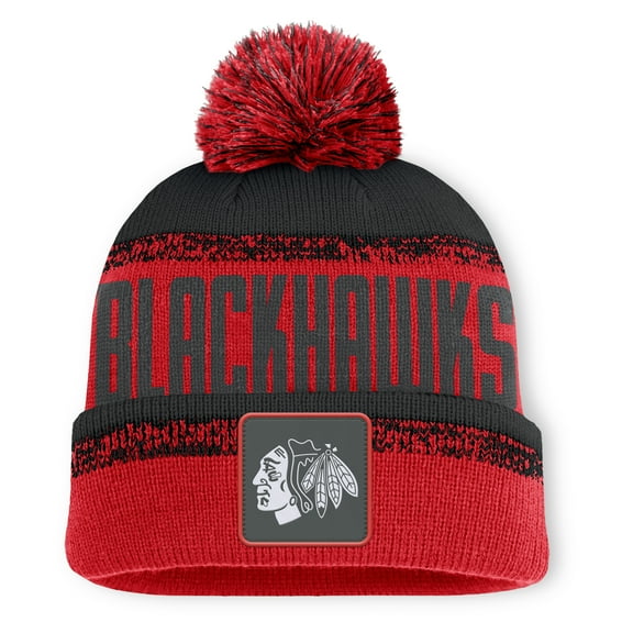 Men's Fanatics Red/Black Chicago Blackhawks Fundamentals Thrive Cuffed Knit Hat with Pom