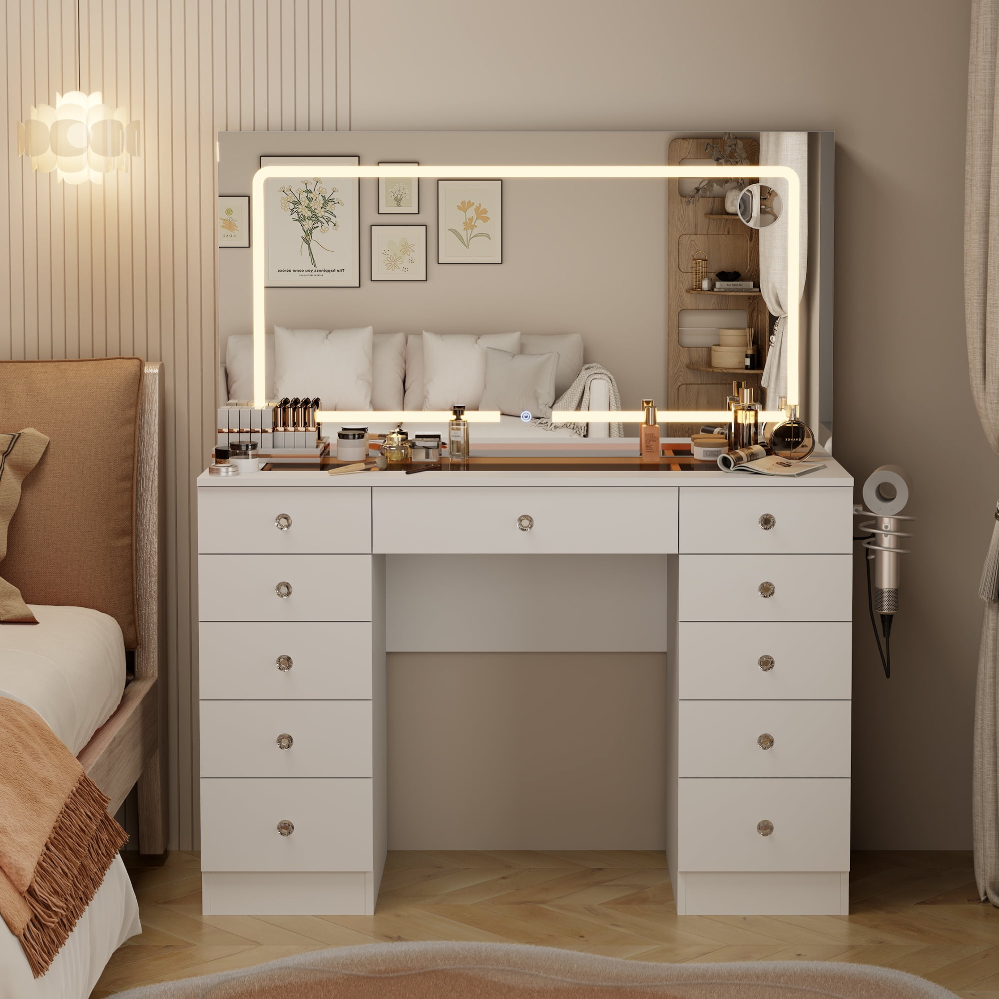 Vanity Desk with Tempered Glass top and Mirror and Lights,11 Drawers Makeup Vanity Desk, Vanity with 3 Adjustable Lighting Modes and Magnetic 5X Magnifier for Bedroom,White