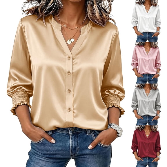 Womens Plus Size Shirts 3/4 Sleeve Button Down Tops for Women V Neck Dressy Casual Fall Top S-3XL