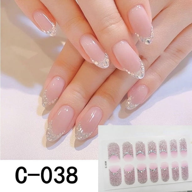14 pcs Glitter Nude Pink Nail Art Stickers - Full Cover Self-Adhesive Gel Nail Decals for Women DIY Nail Art