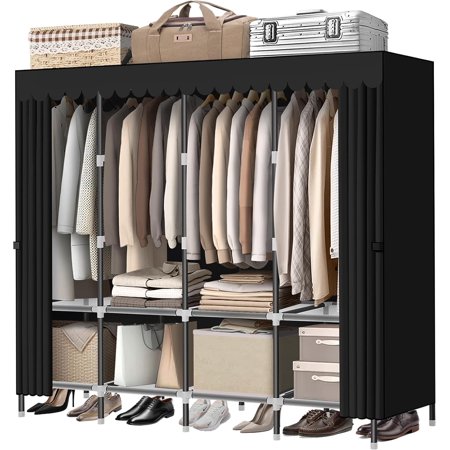 Wardrobe Closet,Black Portable Closet with Zippers, 65.4Inches 19mm Diameter,Portable Closets for Hanging Clothes,with 4 booms and Storage cabinets,Spacious Large -Capacity Storage Space