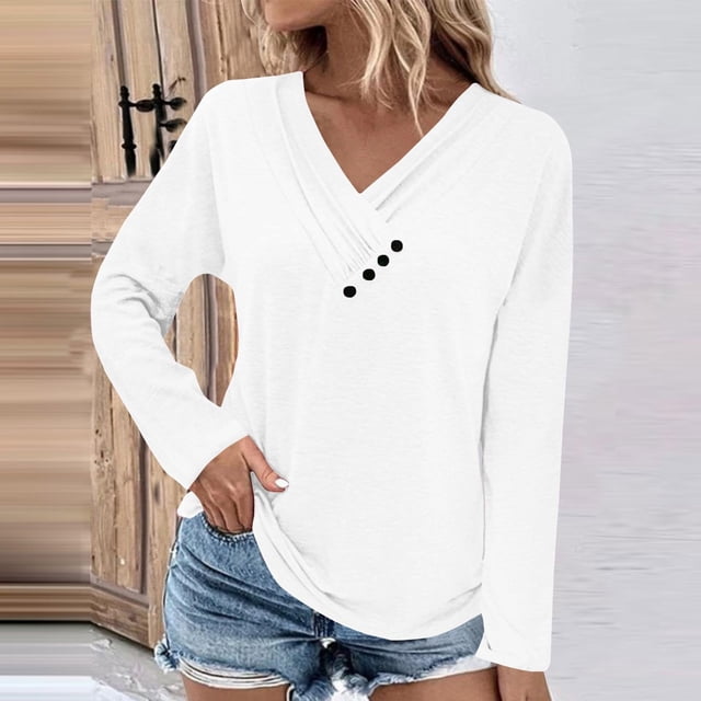 ICHUANYI Liquidación Mujer Moda Sólido Suelto Camiseta Manga Larga Blusa Cuello V Casual Tops ICHUANYI WER202308173982